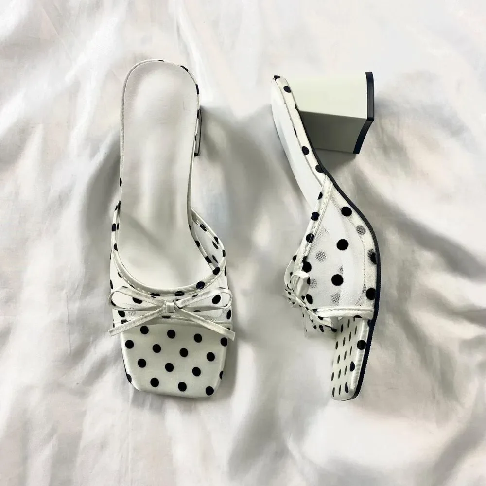 NWOT Euro Coquette Preppy Square Toe Mesh Polkadot Block Heel Sandals US 9